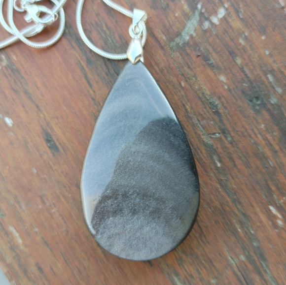 Large Black Obsidion Gemstone Pendant (2.5") -  w/ 925 Silver Overlay Chain - Picture 3 of 14